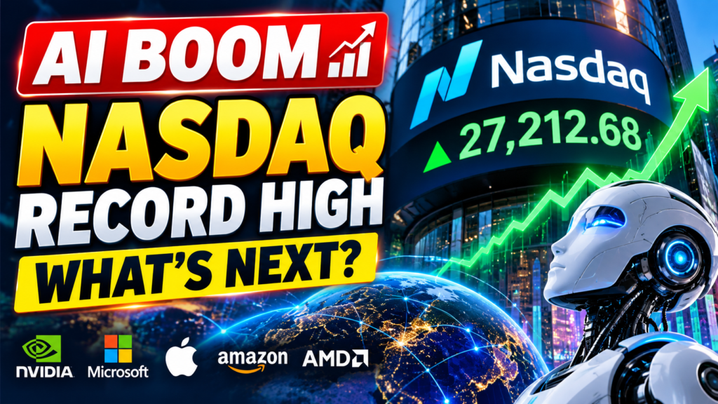 AI boom and Nasdaq record high with futuristic technology and rising market chart