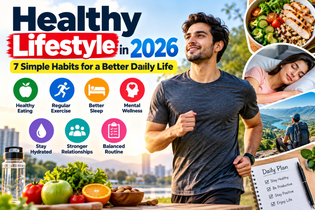 Healthy lifestyle 2026 showing seven simple habits for better daily life