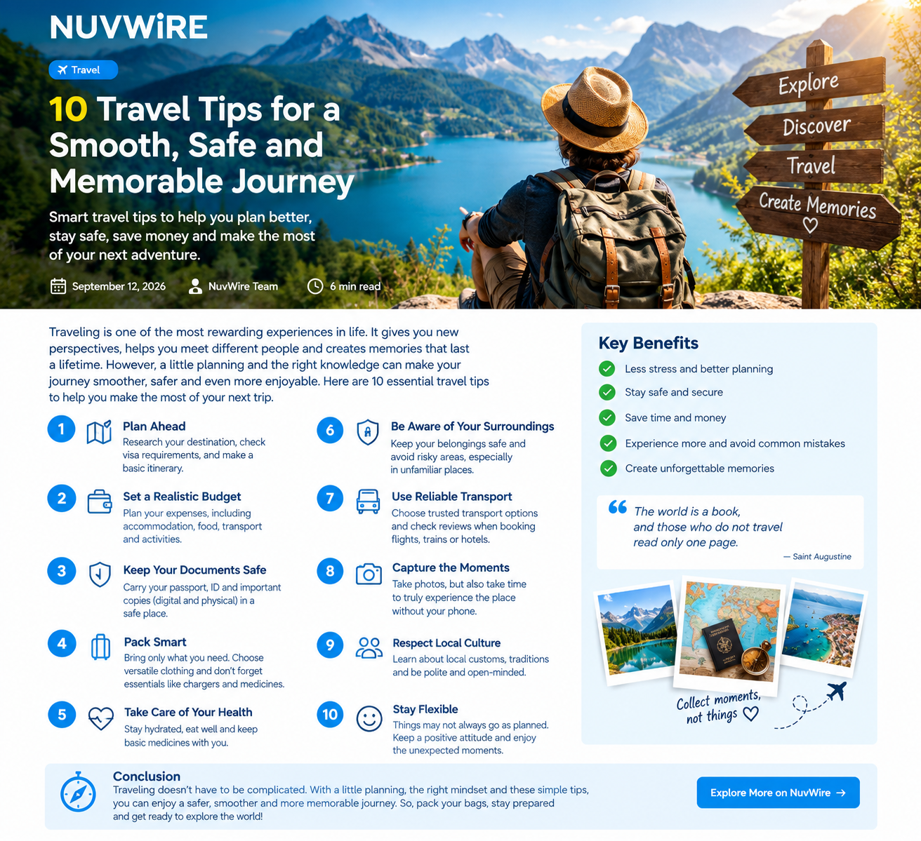 10 travel tips for a smooth safe and memorable journey including planning, budgeting, packing, safety, and respecting local culture