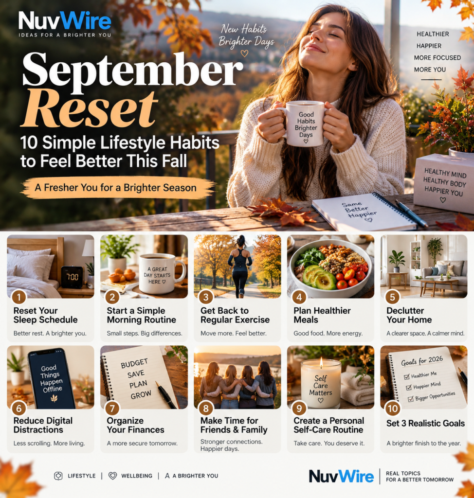 September Reset with 10 simple lifestyle habits for fall including sleep, exercise, healthy meals, decluttering, self-care and goal setting