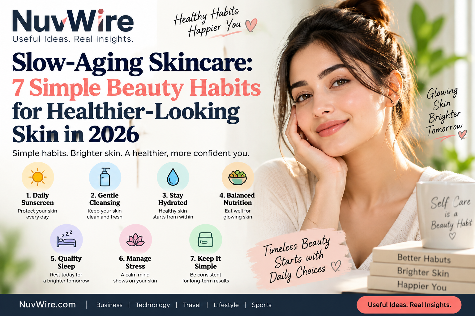 7 slow-aging skincare habits for healthier-looking skin including sunscreen, hydration, nutrition, sleep and a simple skincare routine