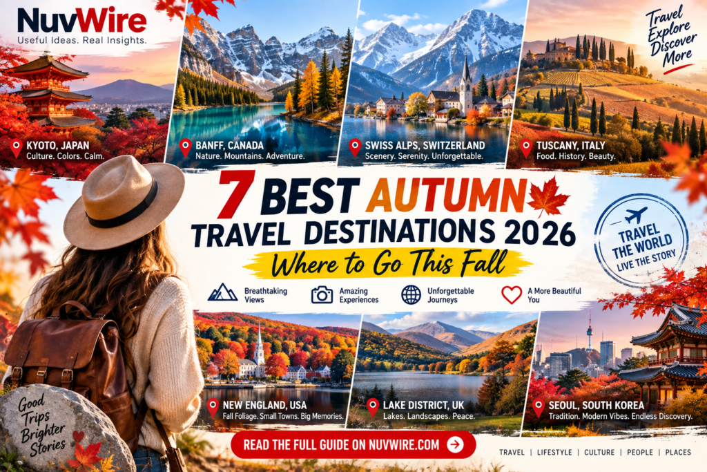 7 best autumn travel destinations for 2026 featuring Kyoto Japan, Banff Canada, Swiss Alps, Tuscany Italy, New England USA, Lake District UK and Seoul South Korea.