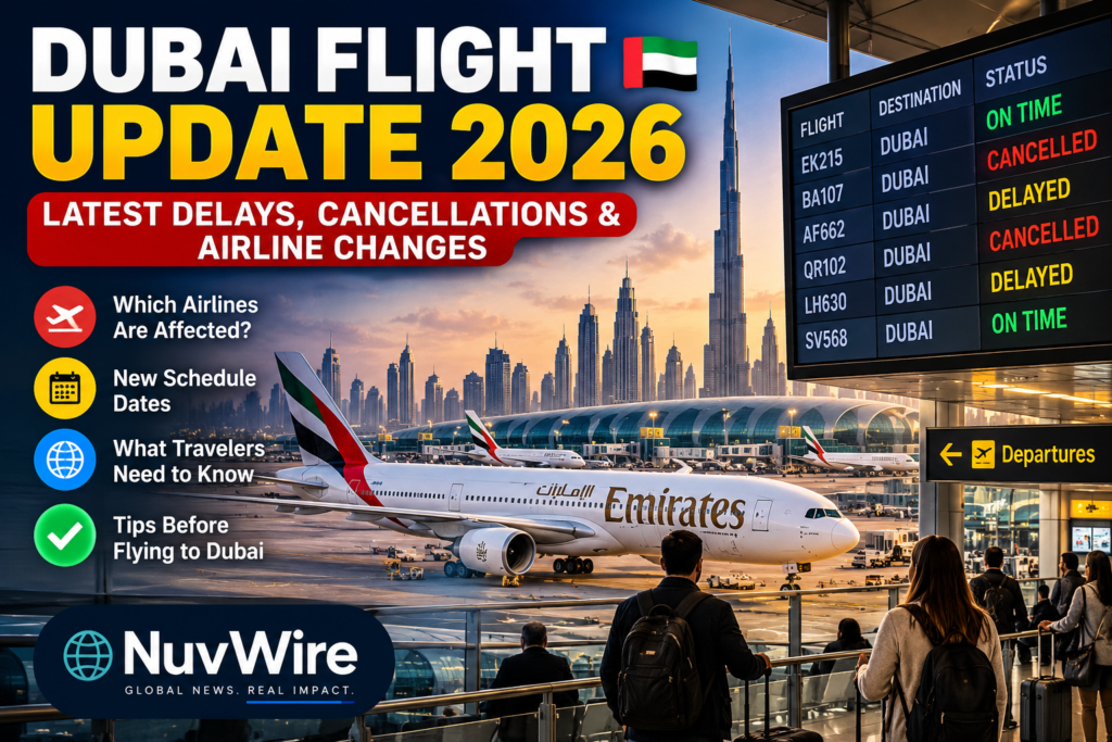 Dubai flight update 2026 showing flight delays and cancellations at Dubai airport