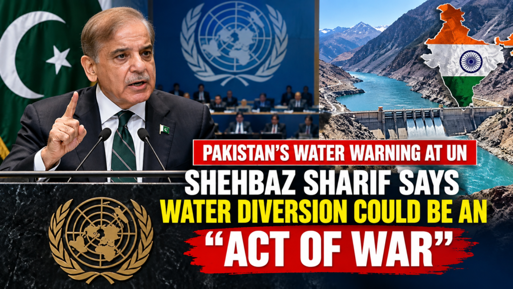 Pakistan water warning at UN 2026 showing Shehbaz Sharif at the United Nations