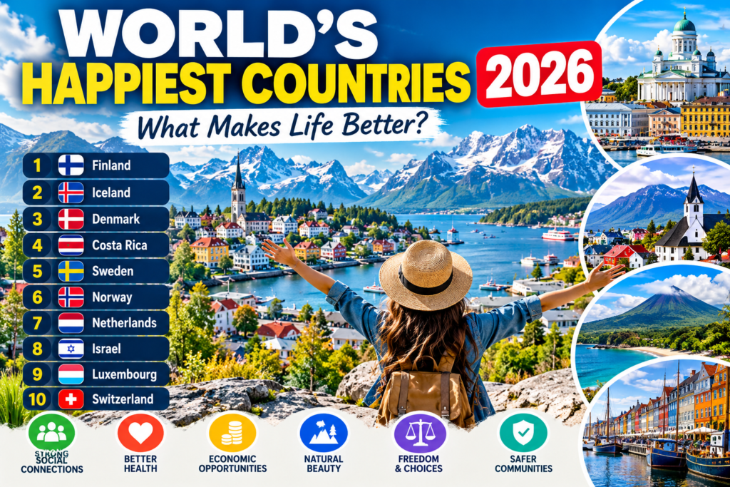 World’s happiest countries 2026 showing Finland Iceland Denmark and Costa Rica