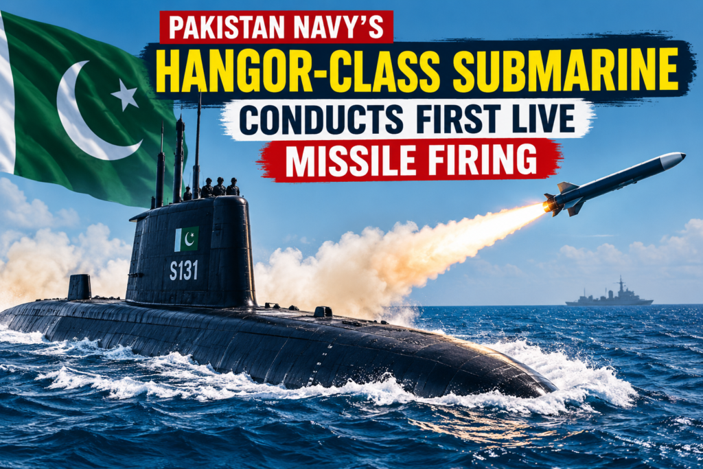 Pakistan Navy Hangor-class submarine conducting live missile firing in the Arabian Sea
