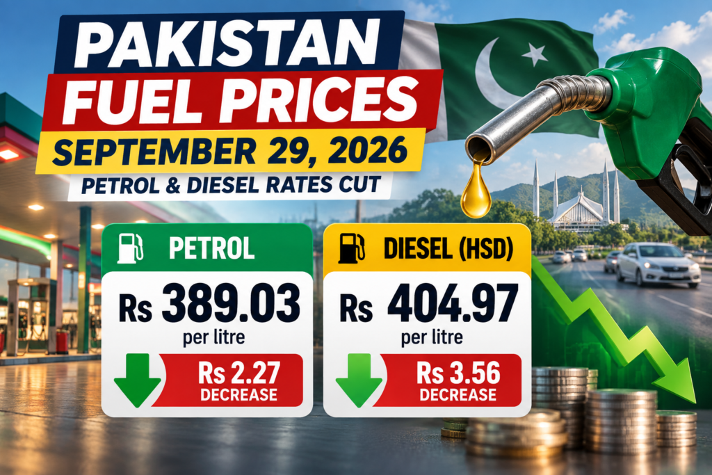 Pakistan fuel prices September 2026 showing petrol and diesel rate cuts