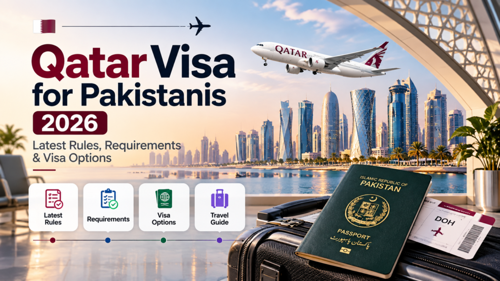 Qatar visa for Pakistanis 2026 showing Pakistani passport, Qatar flag and Doha travel
