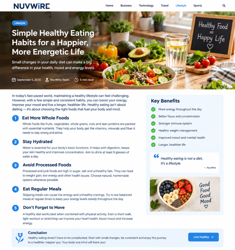 5 simple healthy eating habits for better energy, mood, hydration, balanced meals, and overall well-being