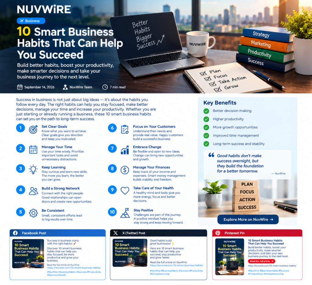 10 smart business habits for success including goal setting, time management, learning, networking, customer focus, finance management, and productivity