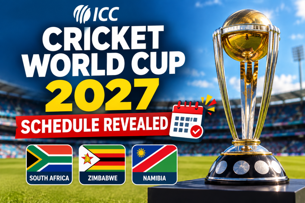 ICC Cricket World Cup 2027 schedule reveal featuring the World Cup trophy and host countries South Africa, Zimbabwe and Namibia