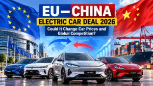 EU–China electric car deal 2026 featuring electric vehicles, European Union and Chinese flags, and global automotive trade