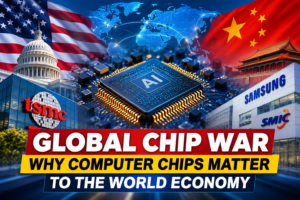 Global chip war between the USA and China highlighting semiconductor technology and global competition