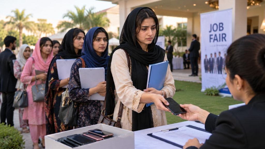 Women attending a job fair in Karachi amid a reported fake job fair scam
