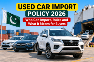 Pakistan used car import policy 2026 featuring imported vehicles at a shipping port