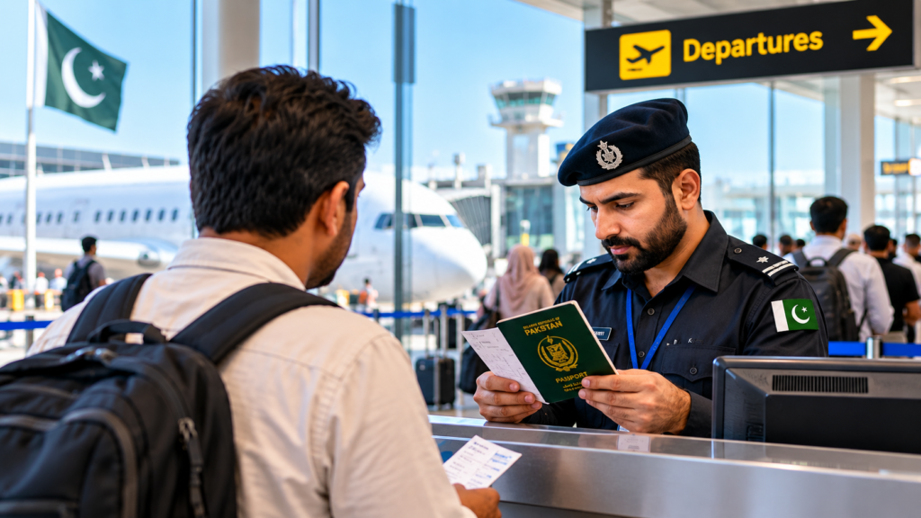 Pakistani traveler having passport and travel documents checked at an airport