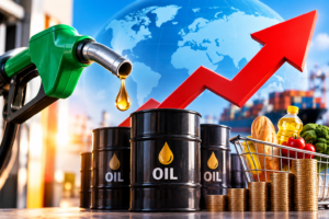Global energy crisis 2026 showing oil barrels, rising oil prices, and increasing food and transport costs worldwide.